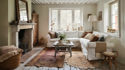 Scandinavian Living Room with White Corner Sofa and Modern Fireplace