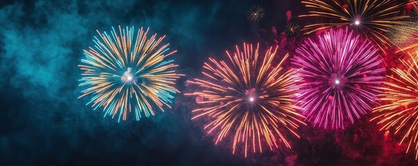 Fototapeta premium A colorful fireworks show with bright bursts of neon light against a dark sky, vibrant, fireworks, neon