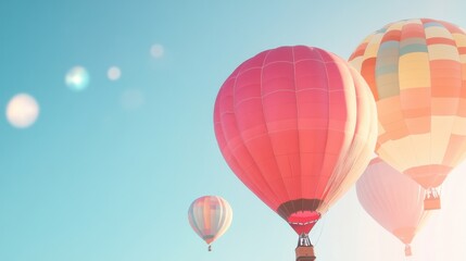 Naklejka premium Vibrant hot air balloons soar against a clear blue sky, creating a picturesque scene of adventure and freedom.