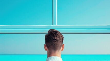 A businessman looking out through a large office window with a thoughtful expression, contemplating success and preeminence in the corporate world.