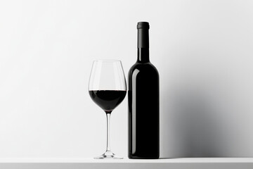 Red Wine Elegance: A solitary glass of red wine accompanies its elegant bottle, set against a minimalist backdrop. 