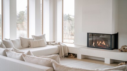 Stylish Scandinavian Living Room Featuring White Corner Sofa and Fireplace