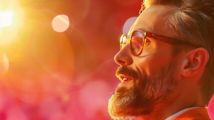 A confident entrepreneur giving a motivational speech at a business conference, conveying influence and authority. The background provides ample copy space for adding inspirational messages or