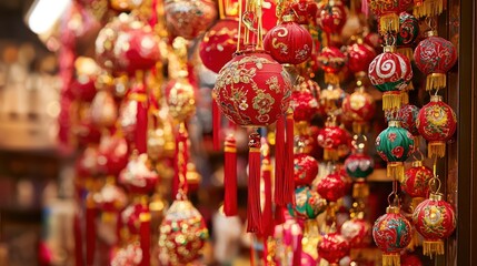 Naklejka premium Red and Green Ornamental Lanterns with Gold Tassels