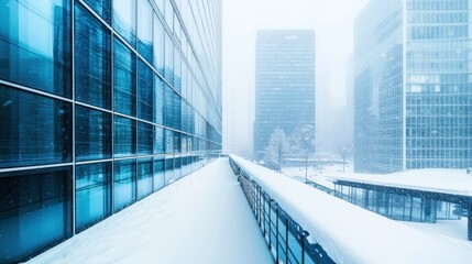 Fototapeta premium Snow-Covered Rooftop of a Modern Glass Building