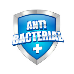 Anti bacterial blue Clear Crystal Glass Shield. Antibacterial, virus and germ protection symbols accompanying hygiene advertisements.