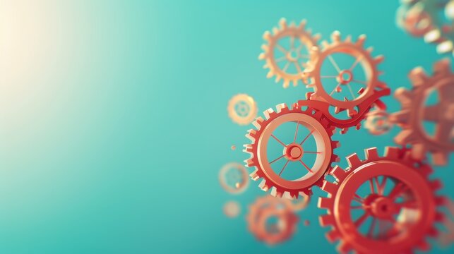 An abstract illustration of economic advancement and expansion, with a series of intertwined gears turning against a gradient background. The composition allows for substantial customization of text