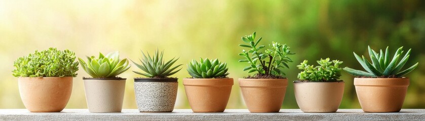 A row of vibrant, green succulents in terracotta pots against a soft, blurred background, showcasing natural beauty and tranquility.
