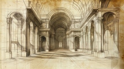 Fototapeta premium Intricate architectural sketch depicting a grand hall with arched ceilings and detailed columns. The drawing is rendered with precise lines and shading, conveying depth and perspective. The vintage pa