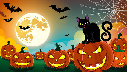 Eerie Halloween Scene with Pumpkins, Bats, Cats, and Glowing Moon