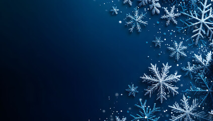 Dark blue background with falling snowflakes and stars, perfect for a Christmas banner, poster, or greeting card template. Flat vector illustration for a winter holiday design.