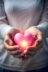 Obraz premium Person lovingly holds a vibrant pink heart in their cupped hands, symbolizing affection, caring, and the warmth of love, a gentle gesture representing hope.