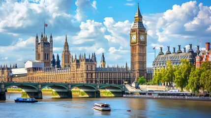 London Big Ben tower, Westminster bridge over Thames river England UK ai generative..