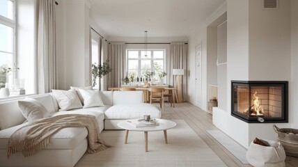 Stylish Scandinavian Living Room Featuring White Corner Sofa and Fireplace