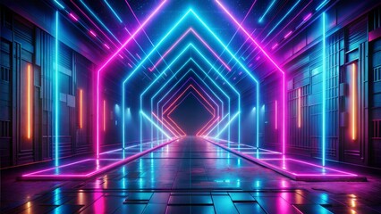 3d technology abstract neon light background, empty space scene, spotlight, dark night, virtual reality, cyber futuristic sci-fi background, street floor studio for mock up. colored geometric.