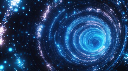 Dark retro futuristic neon abstract background featuring a cosmic 3D starry sky with glowing galaxies and blue circular patterns