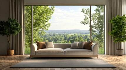 Fototapeta premium Contemporary living room design featuring a sofa and a view of a summer landscape through a window 3D rendering