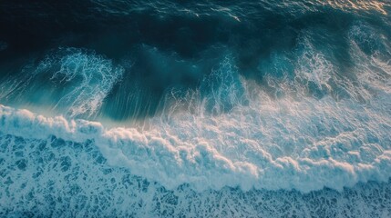 Fototapeta premium Aerial view of crashing waves along a beach shoreline Tropical surf scene showcasing abstract ocean patterns High quality image