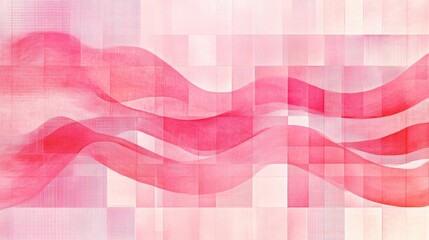 Abstract pink artwork featuring a mosaic design with flowing waves and geometric squares