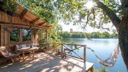 Wooden Cabin Deck Overlooking Serene Lake with Hammock and Sunbeams