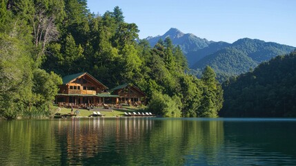 Fototapeta premium Wooden Cabin Resort by Tranquil Lake and Mountain Landscape