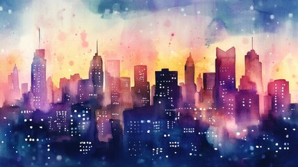 Cityscape at night Watercolor illustration created by hand