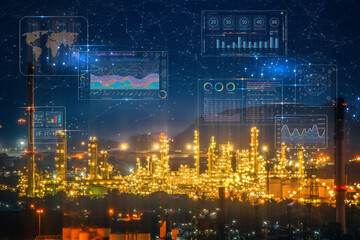 
Landscape view of oil and chemical refinery plant with futuristic  dashboard featuring a digital...