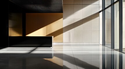Obraz premium Minimalist Lobby Interior with a Black Reception Desk and Large Windows