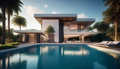 Fototapeta premium Exterior of amazing modern minimalist cubic villa with large swimming pool among palm trees. Created with generative Ai