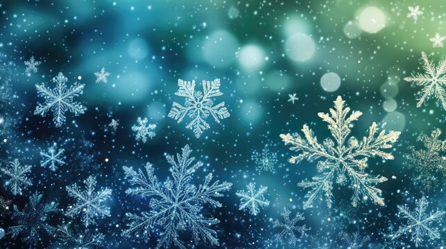 Blue and green festive background featuring delicate falling snowflakes