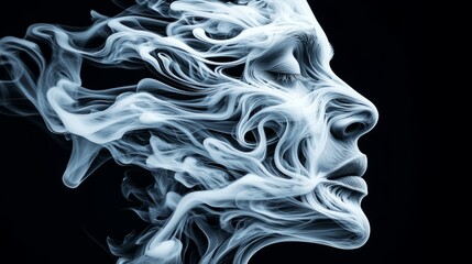 An ethereal representation of a face formed from swirling smoke, blending art and abstraction in a captivating visual display.