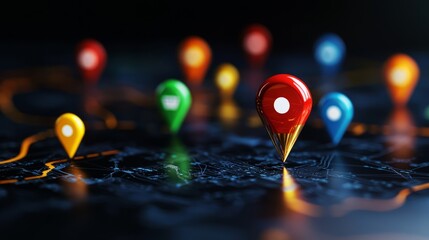 Colorful location markers on a dark map, symbolizing navigation and digital mapping technology for various locations.