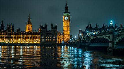 Westminster bridge and BigBen and house of parliament at night ai generative..
