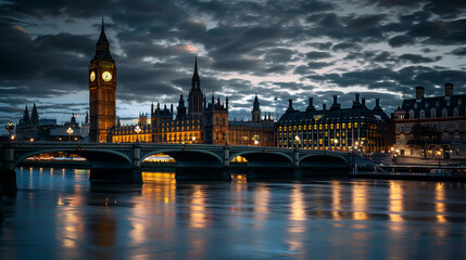 Westminster bridge and BigBen and house of parliament at night ai generative..