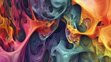 Colorful and chaotic abstract fractal pattern with intricate 3D shapes ideal for backgrounds or wallpaper