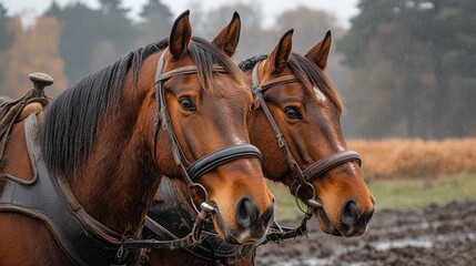 Obraz premium Two powerful brown horses wearing harnesses standing on farm