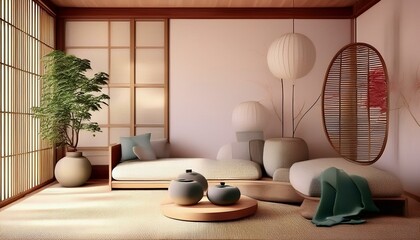 Minimalist, japandi interior design of modern living room.