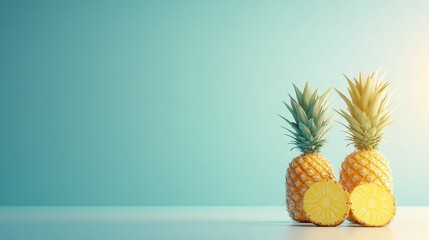 Fresh Pineapples on a Blue Background