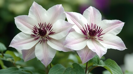 Two white and pink clematis flowers blooming in garden