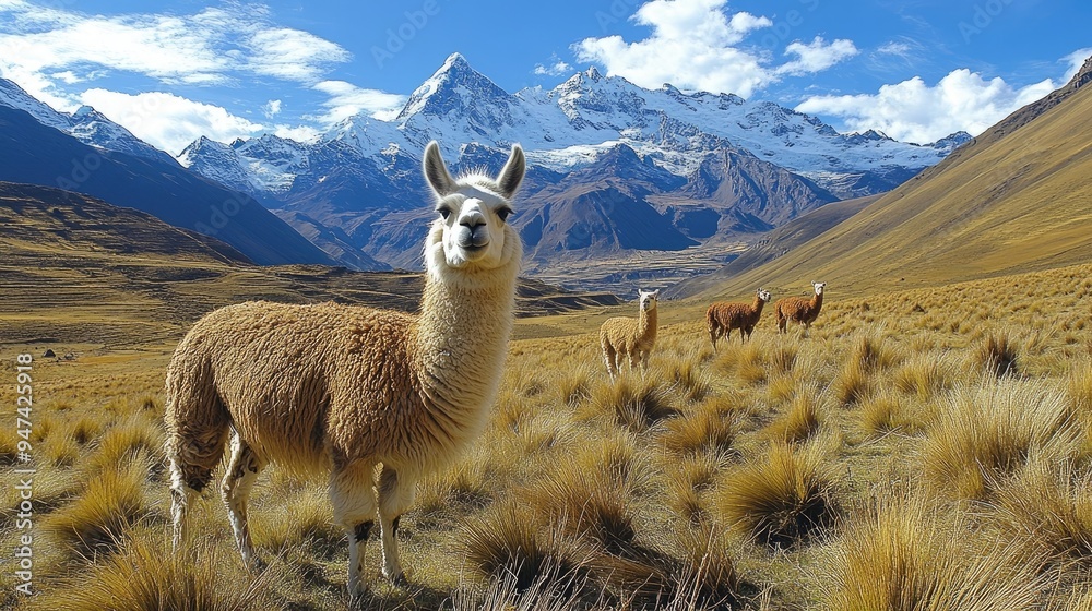 Wall mural llama standing on mountain pasture with snowcapped peak in background