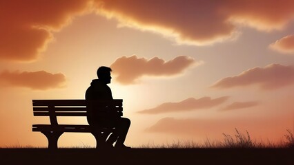Obraz premium Silhouette of lonely man sitting alone seeing sunset sunrise on evening beach, in loneliness with emotional feeling, or peaceful with solitude,on copy space for text sky background