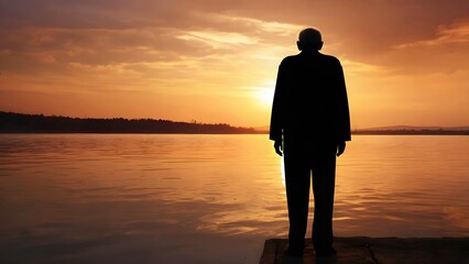 Fototapeta premium Silhouette of lonely old senior retired man standing alone seeing sunset sunrise on evening beach, in loneliness with emotional feeling, or peaceful with solitude,on copy space for text sky background