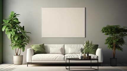 30x40 blank white picture frame on the wall, living room with a white couch and a black coffee table. Generative ai