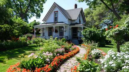 Charming white farmhouse with a lush green lawn and colorful flower gardens ai generative.