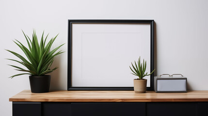 A simple and minimalist black frame mockup leans against the wall of an office. Generative ai