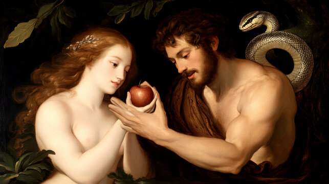 Adam and Eve in the Garden of Eden. AI generative.