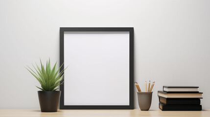A simple and minimalist black frame mockup leans against the wall of an office. Generative ai
