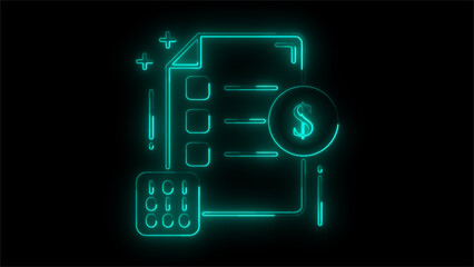 Neon  Billing Document, Glowing Finance and Dollar Symbol, Futuristic Financial Management Icon, Cyber  Invoice Design, Digital Payment Document