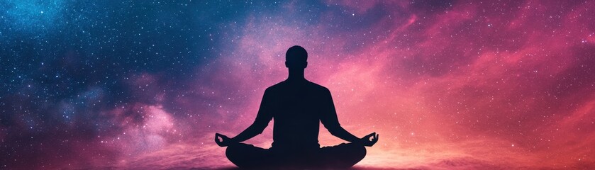 A serene silhouette of a person meditating against a vibrant cosmic background. Ideal for wellness and mindfulness themes.