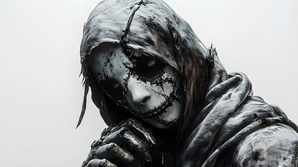 A ghostly blacksmith with broken limbs, wearing eerie Halloween party masks, detailed 3D illustration, dark and haunting atmosphere, isolated on white background